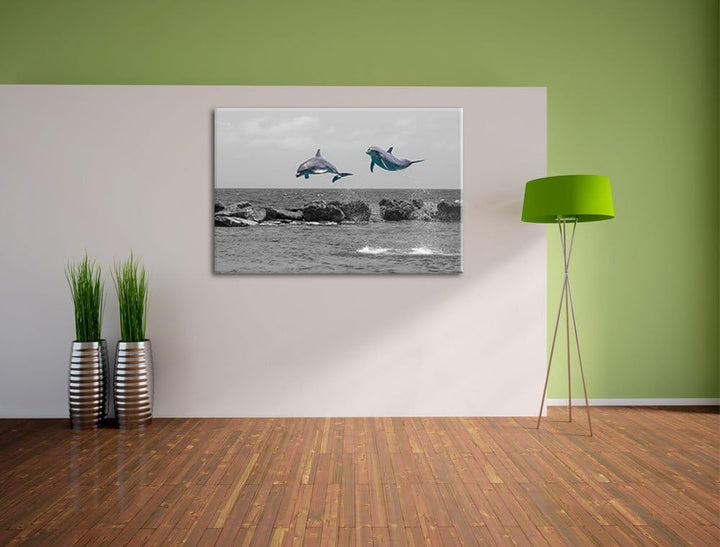 zwei hoch springende Delphine schwarz/weiss Format: 100x70 auf Leinwand, XXL riesige Bilder fertig g