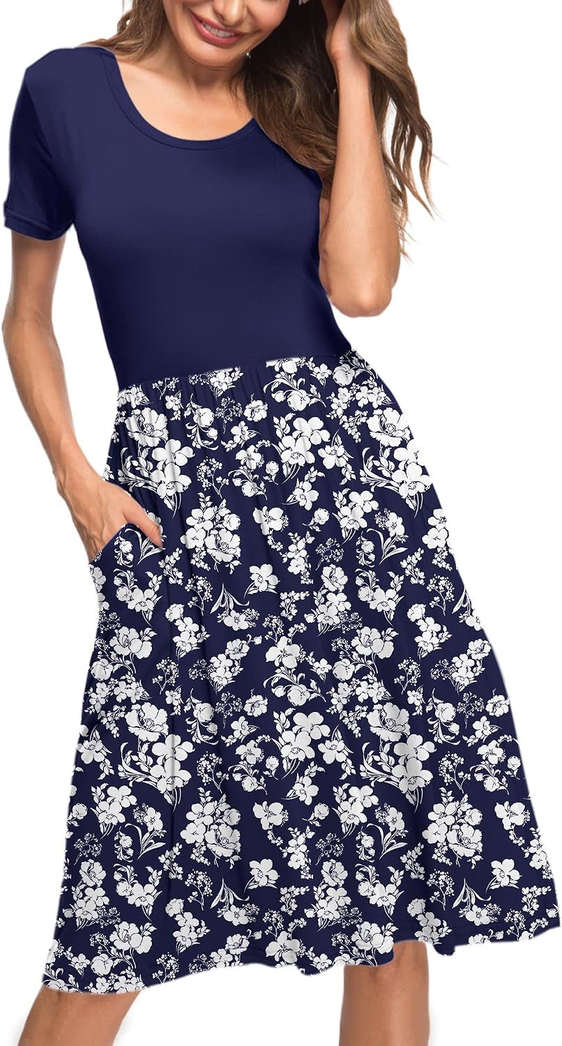 AUSELILY Damen Kleider Sommer Sommerkleider Knielang Kurzarm Empire Freizeitkleid Schicke Shirtkleid