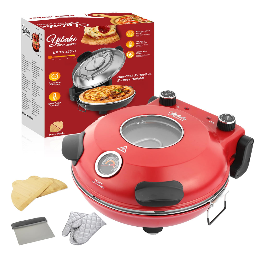 YIBAKE Pizzaofen elektrisch, 1200W Pizzabäcker in 4-Min-Pizza, 31cm Feuerfeste Pizzastein, Max 420℃