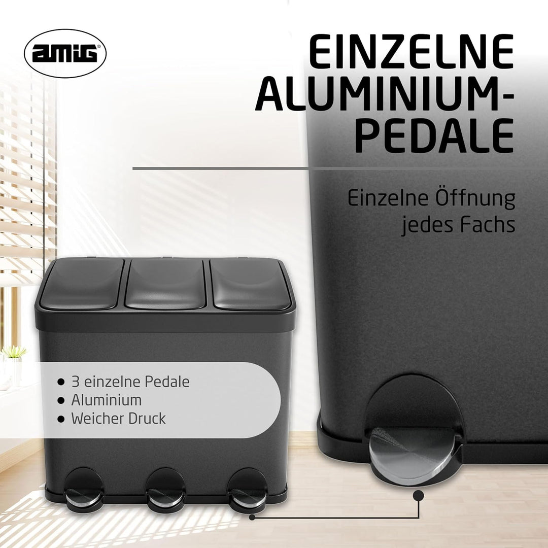 Amig - Dreifacher Mülleimer mit Pedalen 45 Liter | 3 herausnehmbare 15-Liter-Fächer | Recyclingbehäl