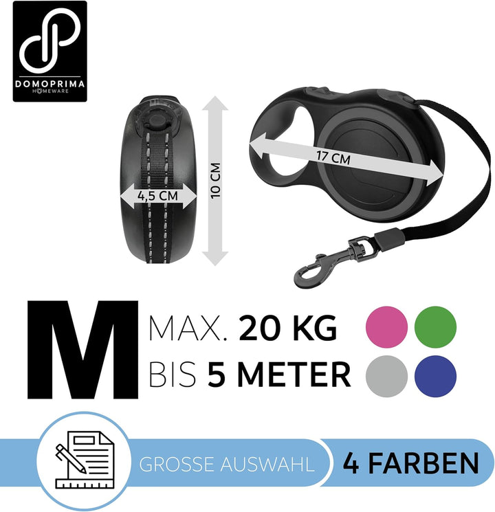 DOMOPRIMA Flexible Rollleine Hundeleine in 3 Grössen (S,M,L) und 4 Farben (grau, blau, grün, pink) -