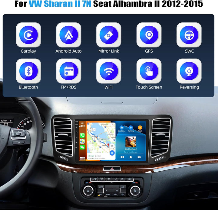 CAMECHO 2+64G Android 13 Navi Autoradio für VW Sharan II 7N Seat Alhambra II 2012-2015 mit 9 Zoll To