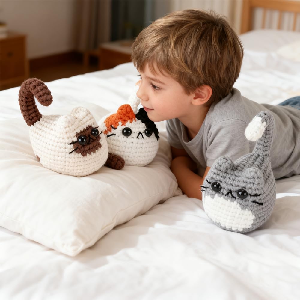 Zinueen Häkelset für Anfänger mit Videoanleitung - Komplettes Crochet Set für 3 süsse Katzen | Einfa