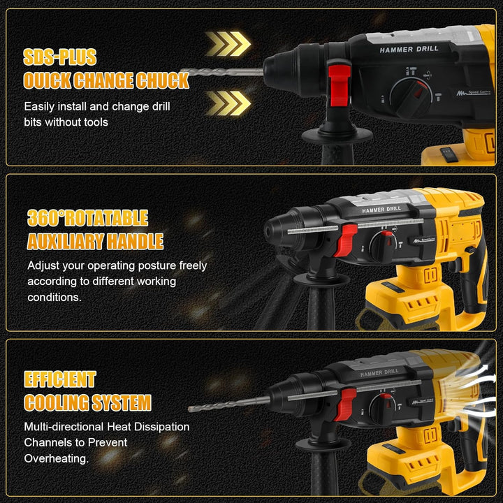 Roadtime Professional Bohrhammer 600W kompatibel mit DeWalt 20V Akku(ohne Akku),Abbruchhammer Geschw