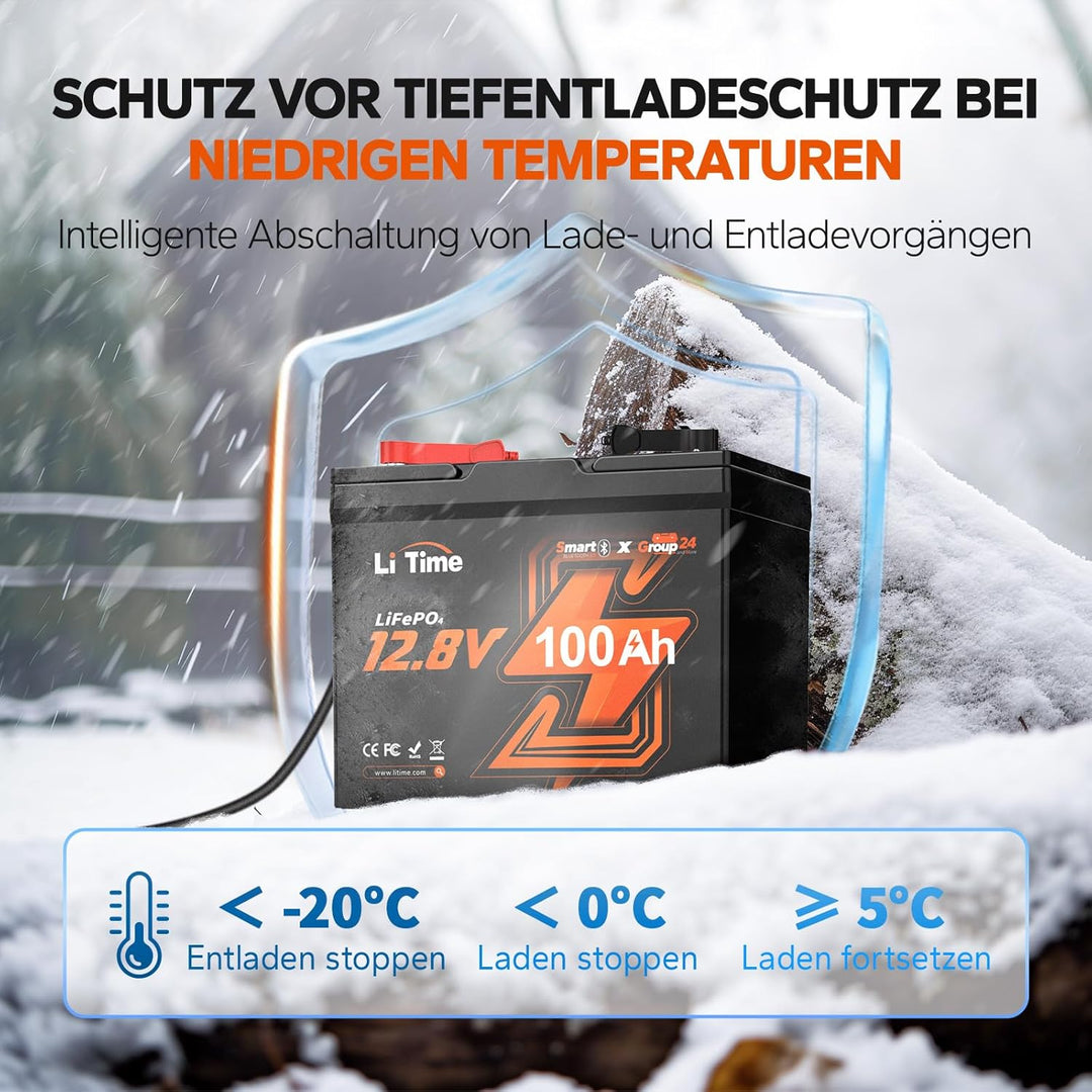 LiTime LiFePO4 100Ah Lithium Batterie 12V mit Bluetooth, 1280Wh Gruppo 24, 100A BMS und Max. 15000 Z