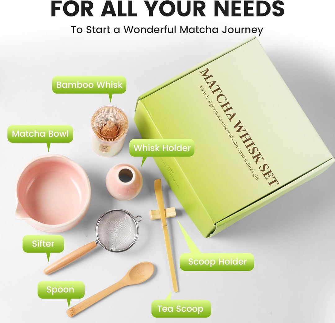 Matcha Set, 7er-Set Macha Tea Set Matcha zubehör mit Matcha Löffel, Matcha Schale mit Auslauf, Match