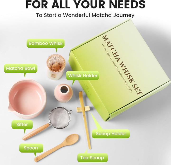 Matcha Set, 7er-Set Macha Tea Set Matcha zubehör mit Matcha Löffel, Matcha Schale mit Auslauf, Match
