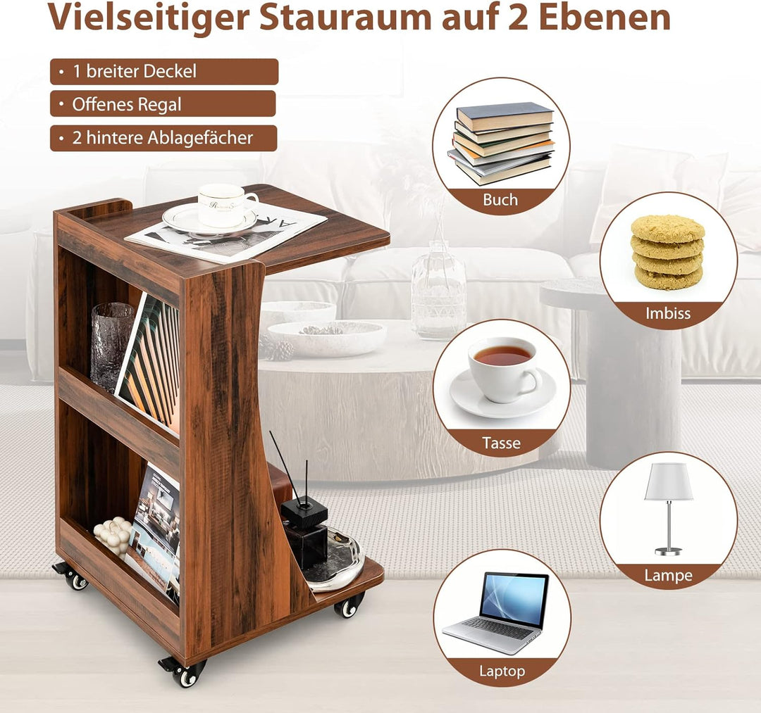 COSTWAY Beistelltisch mit Rollen, mobiler Sofatisch mit 2 hintere Ablagefächer, C-Form, Kaffeetisch