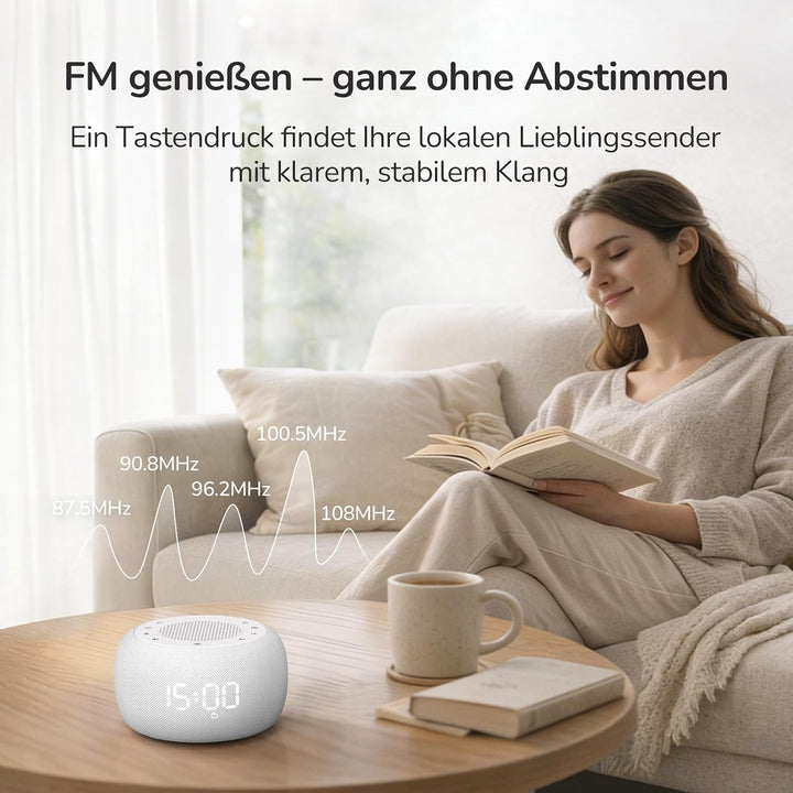BUFFBEE Radiowecker mit wiederaufladbarer Batterie, Bluetooth-Lautsprecher & Nachtlicht – Kompaktes