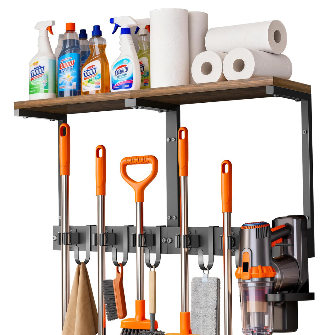 Supforce Besenhalter Wandmontage mit Holzablage, robuster Gerätehalter aus Metall mit Staubsaugerhal
