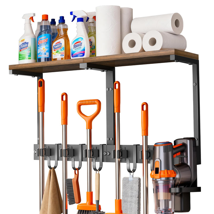 Supforce Besenhalter Wandmontage mit Holzablage, robuster Gerätehalter aus Metall mit Staubsaugerhal