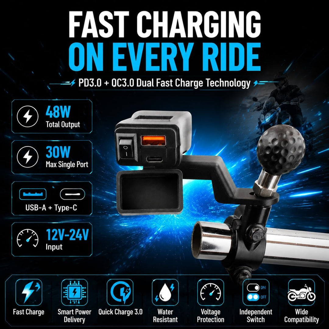 Motorrad USB Ladegerätr, PD3.0& QC3.0-Schnellladeanschlüsse, wasserdicht und staubdicht mit LED-Volt