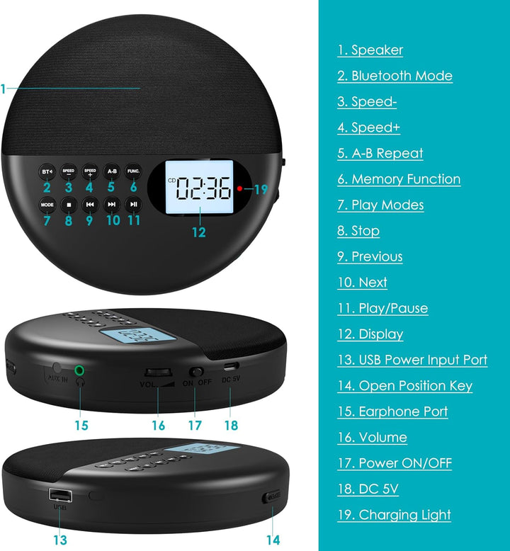 Gueray CD Player Tragbar mit Bluetooth Tragbarer CD Player mit Lautsprecher Integrierte 1500mAh Akku