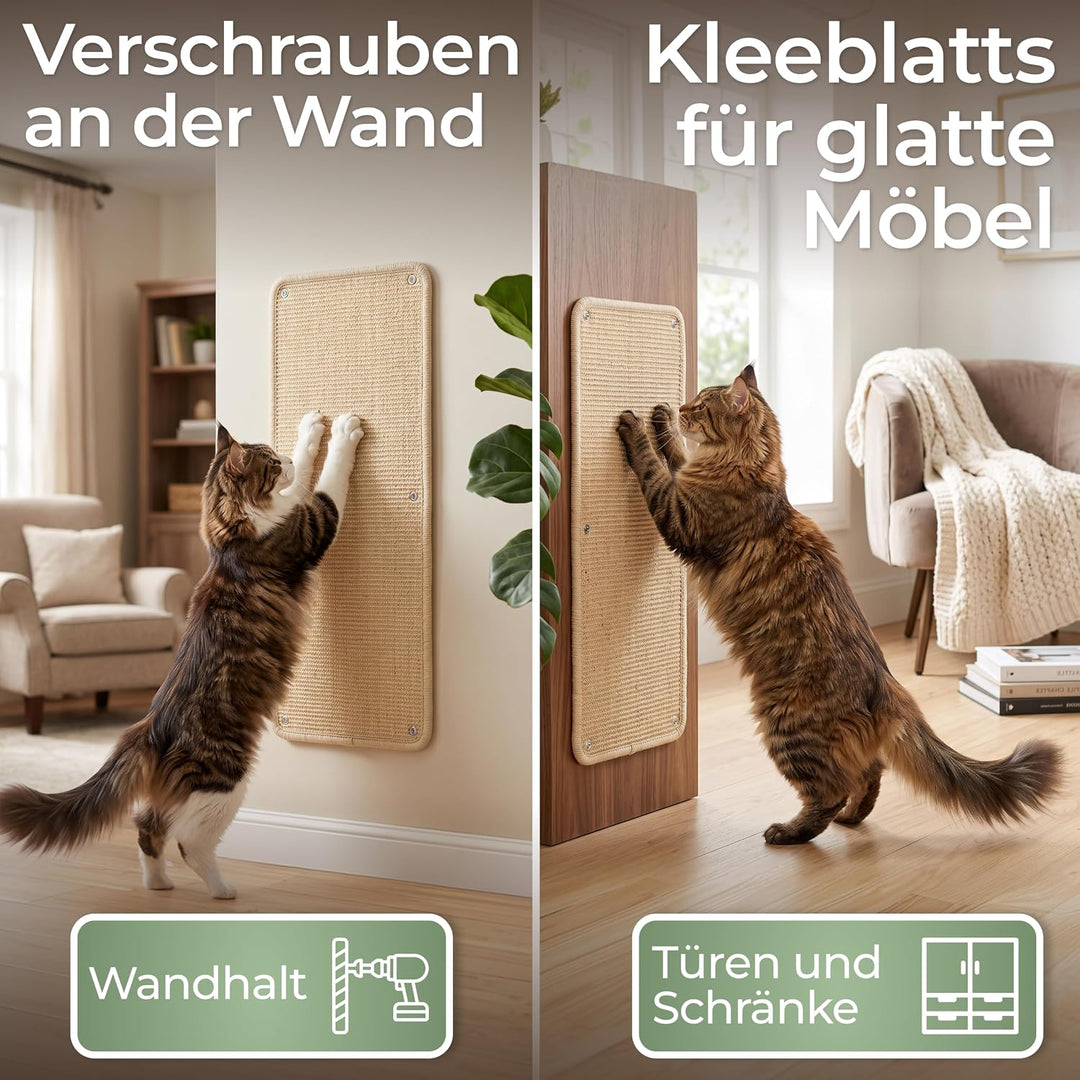 WOOWOOD Kratzmatte Katze für Wand 2er Set, 60x25 cm, Sisal, Beige-Natur | Sisal, 2er Set je 60x25 cm