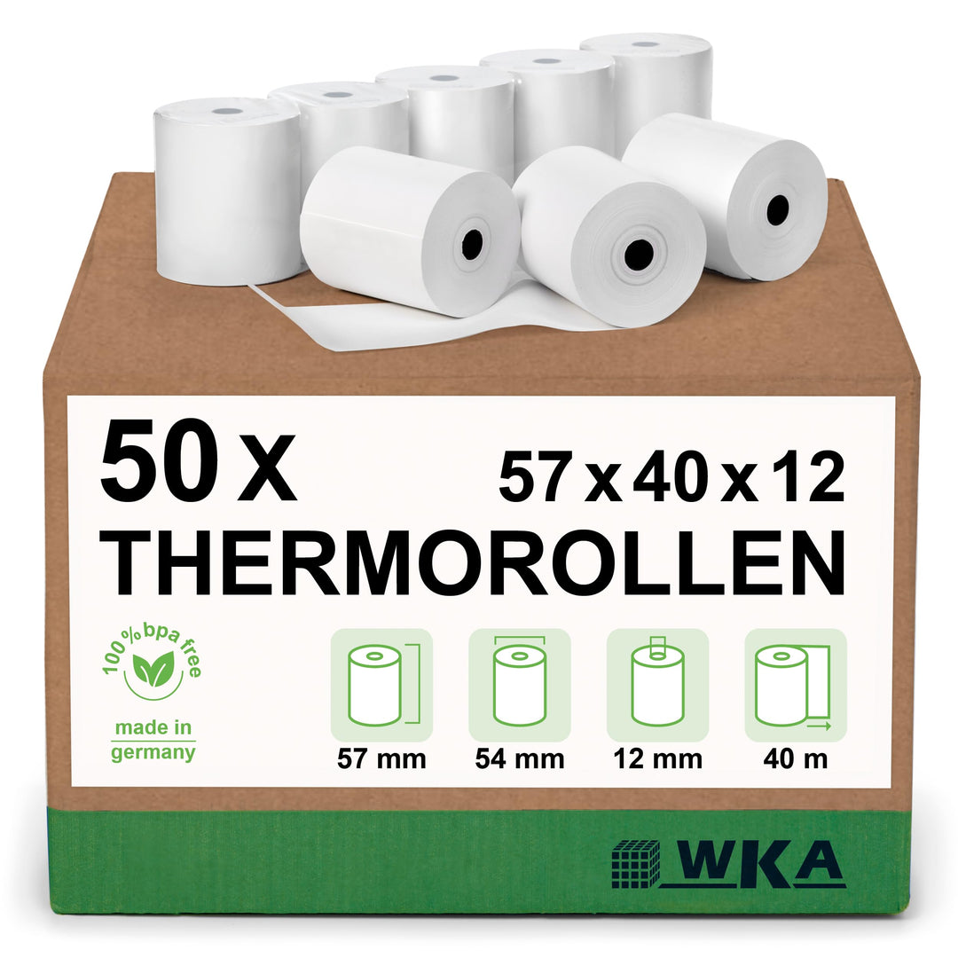 WKA 50 Thermorollen 57mm x 40m x 12mm, Bonrollen, Kassenrollen, Thermo-Bonrollen