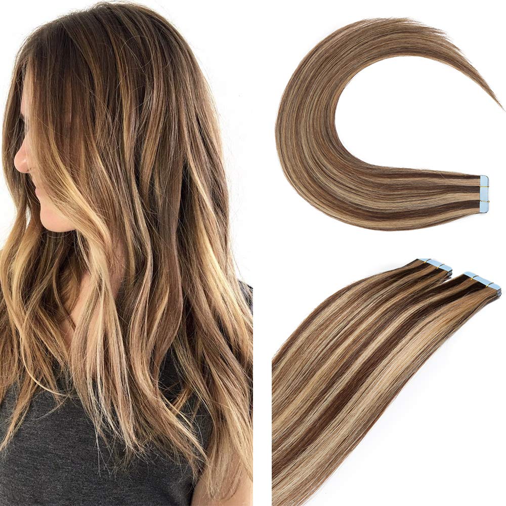 SEGO Tape Extensions Echthaar Haarverlängerung Klebeband Haarteile Glatt Haar 10pcs Mittelbraun/Honi