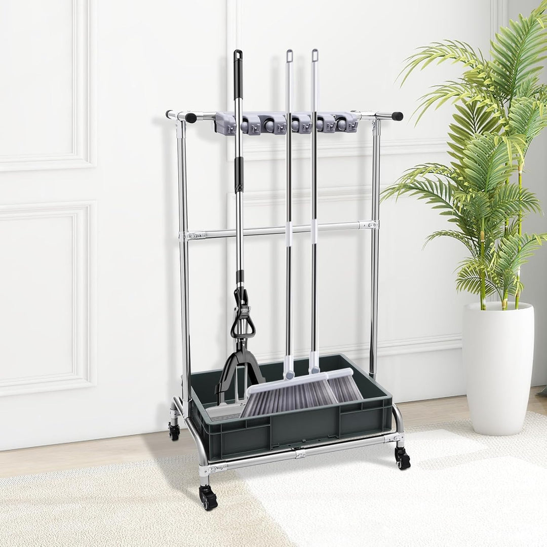 Mopphalter mit Rollen, Besenhalter Standregal aus Edelstahl, Reinigungsgeräte Organizer mit Auffangs
