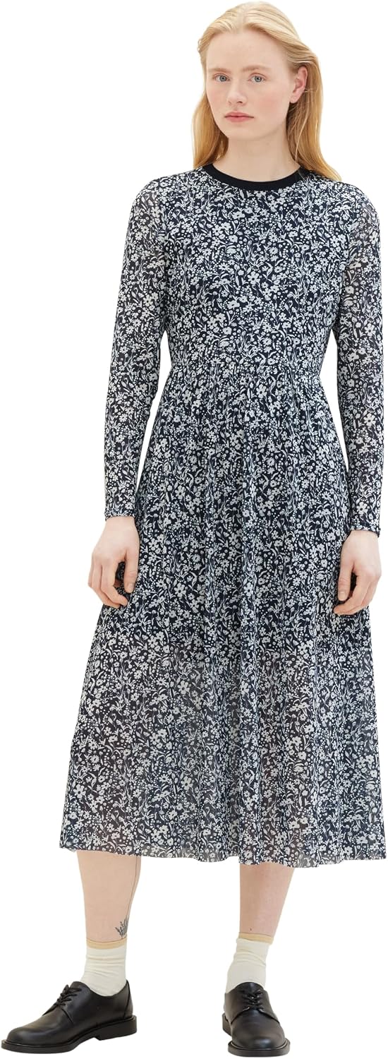 Tom Tailor Denim Damen Mesh Kleid mit Muster XS 16355-blue Flower Print, XS 16355-blue Flower Print