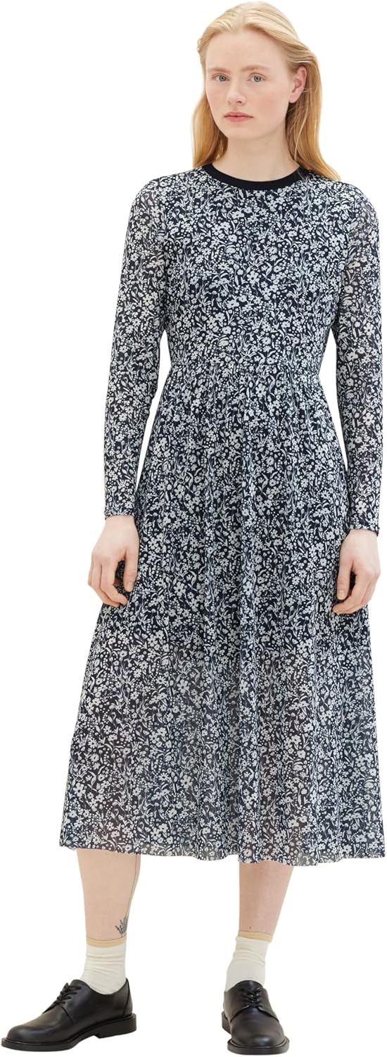 Tom Tailor Denim Damen Mesh Kleid mit Muster XS 16355-blue Flower Print, XS 16355-blue Flower Print