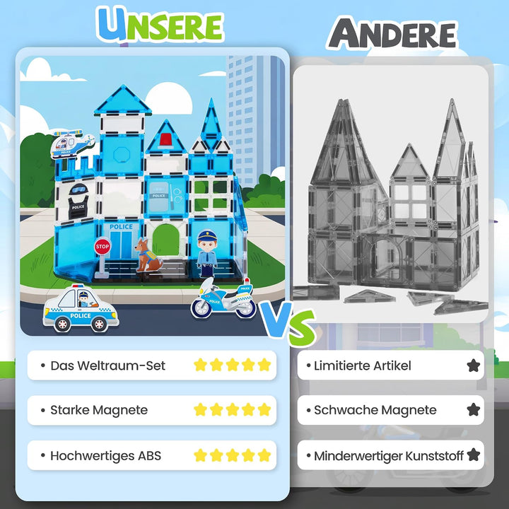 cossy Magnetische Bausteine, 42 Teile Magnetbausteine für Kinder Polizei-Thema, Magnetspiel für Kind
