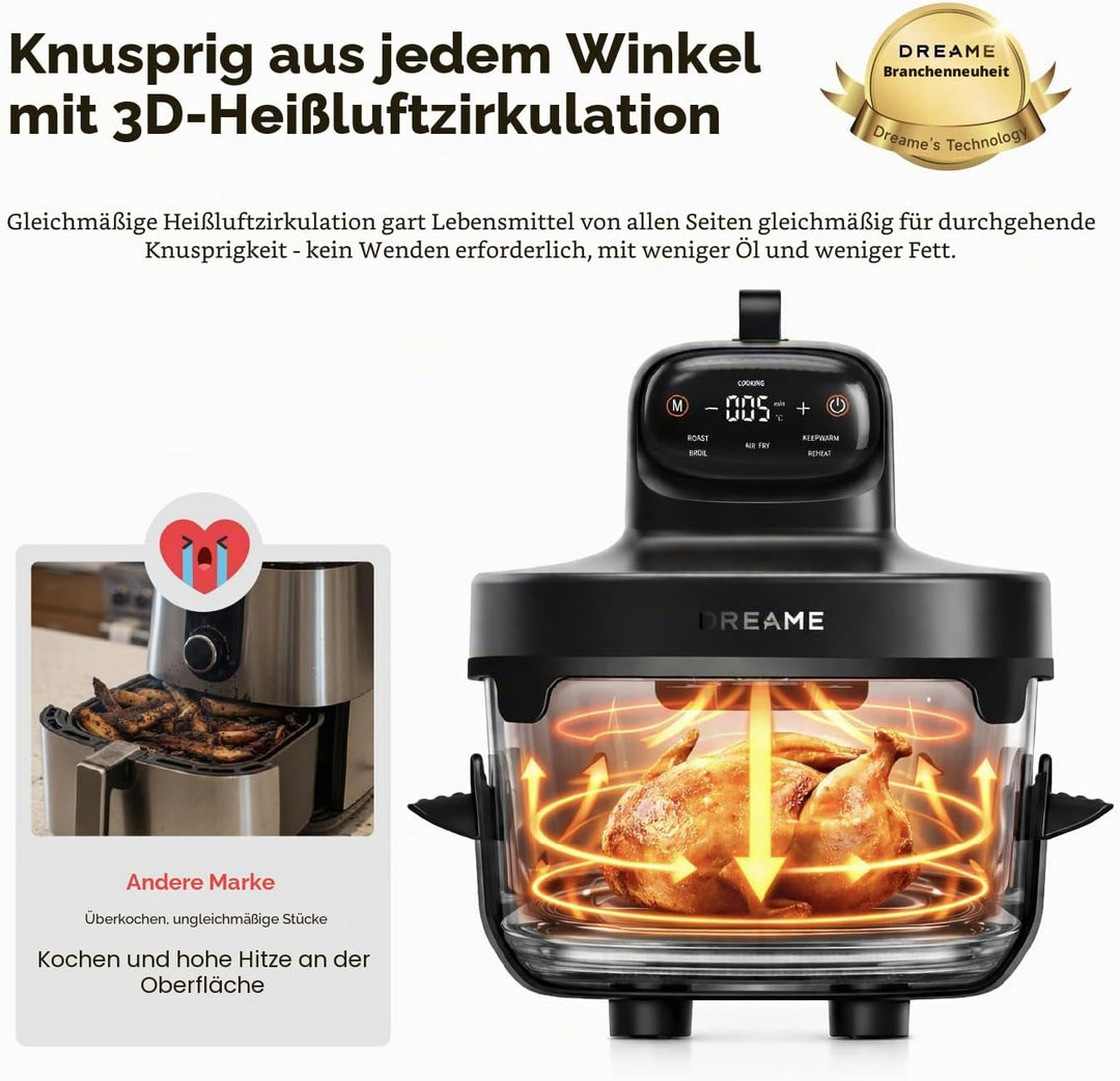 Dreame PT60 Tasti Air Fritteuse schwarz, ohne Beschichtung, ohne Chemikalien, 360°-Panoramablick, ko