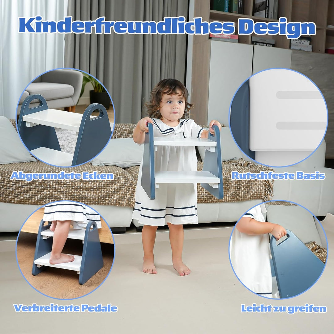 2-stufiger Tritthocker für Kinder aus Naturmaterial, Hocker & Trittstuhl Trittpult, Kindertreppe für