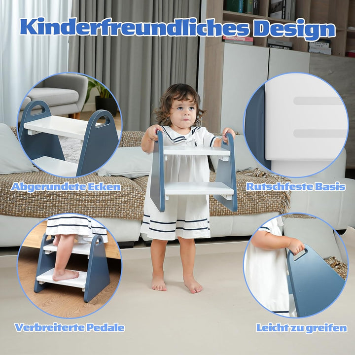 2-stufiger Tritthocker für Kinder aus Naturmaterial, Hocker & Trittstuhl Trittpult, Kindertreppe für
