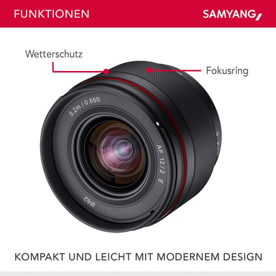 Samyang AF 12mm F2.0 E Objektiv + Lens-Station für Sony E - Autofokus APS-C Weitwinkel Festbrennweit