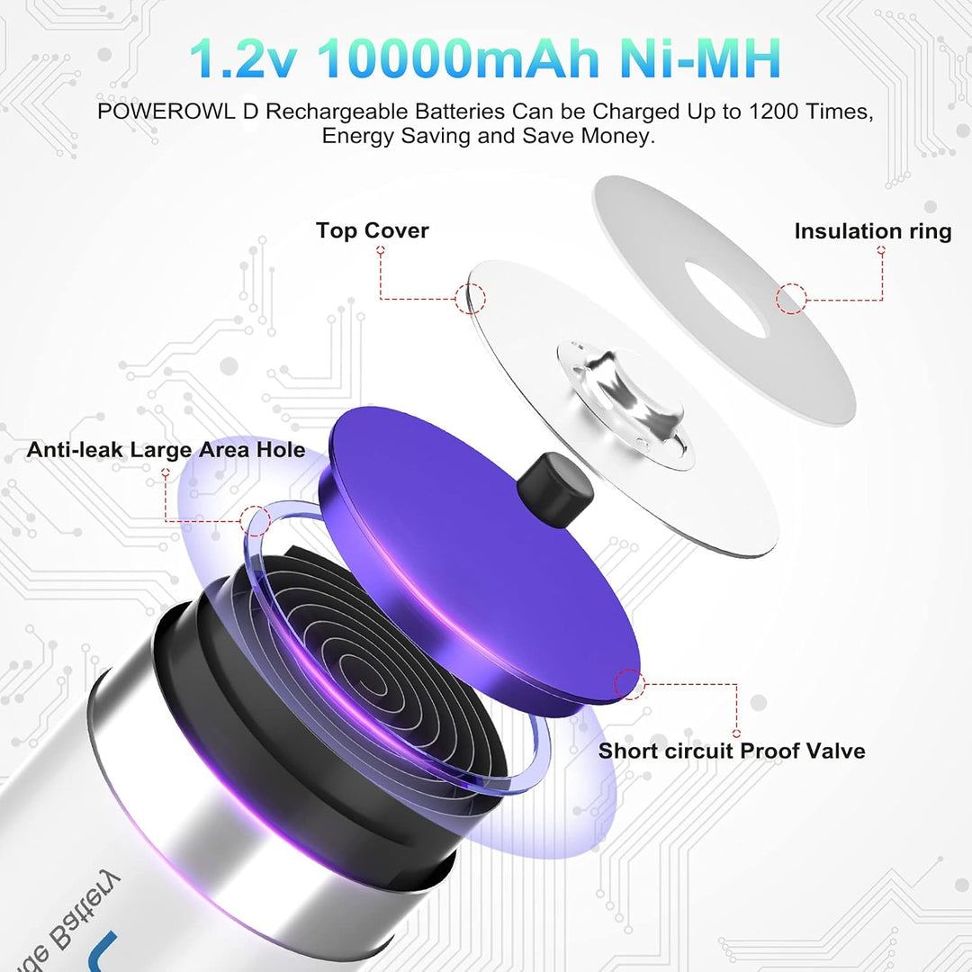 POWEROWL D Akku Mono 1.2V 10000mAh Wiederaufladbar D Batterien mit Geringer Selbstentladung & Vorgel