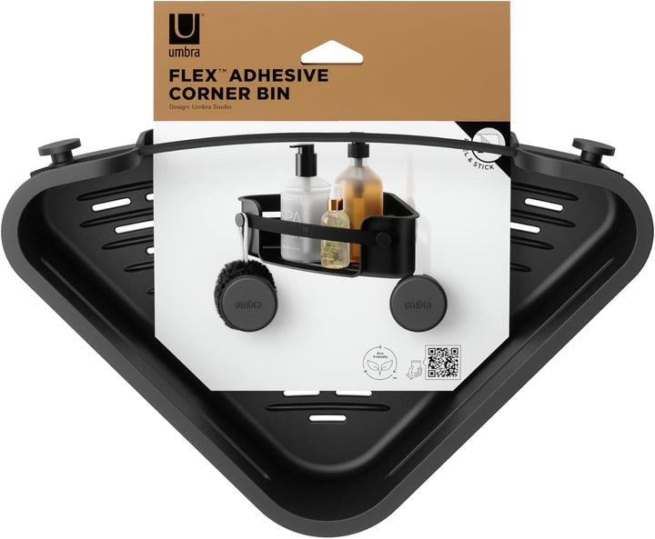 Umbra Flex Duschablage zum Kleben, ohne Bohren, Schwarz | Wasserfester Klebestreifen, integrierter A