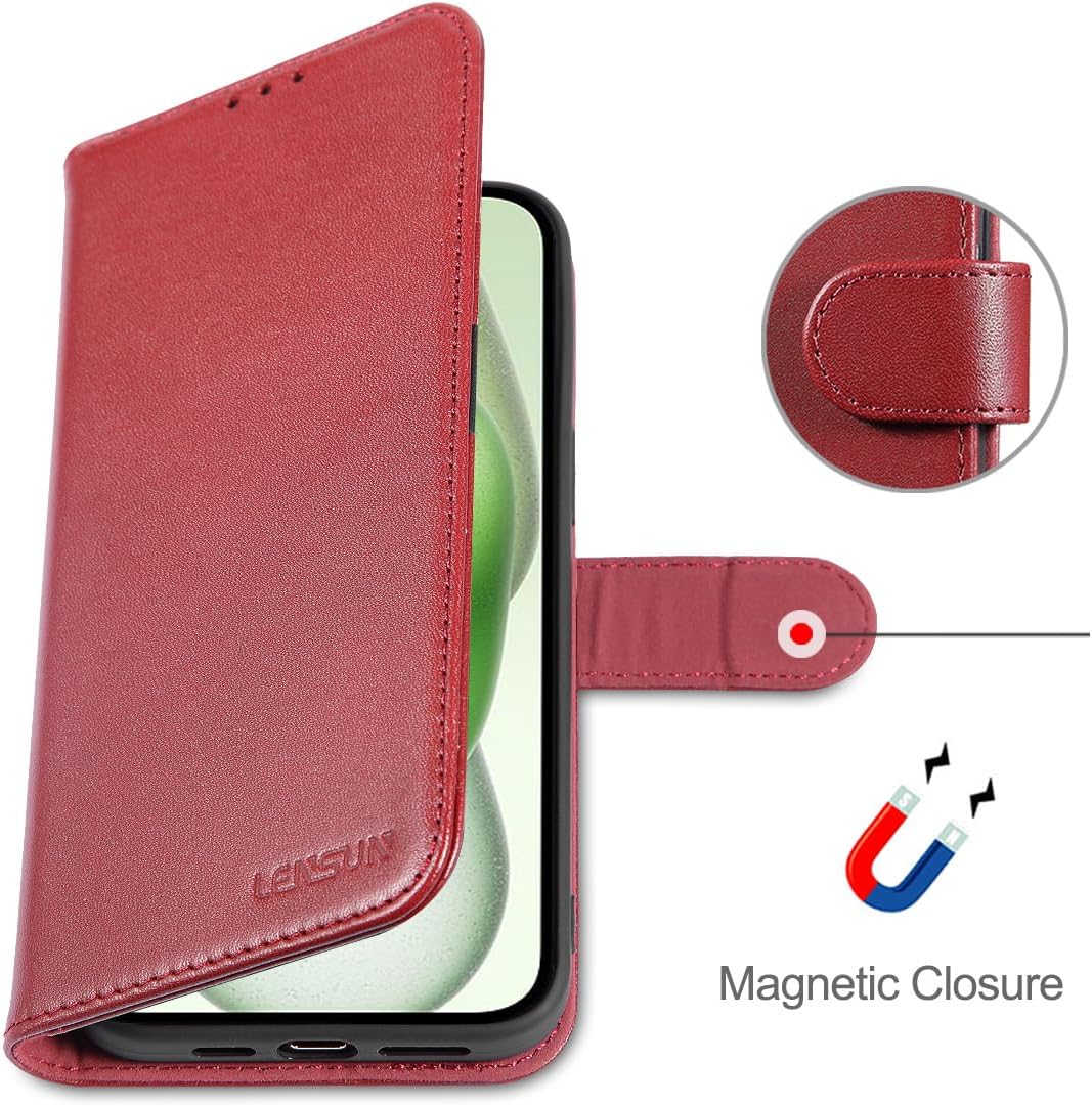 LENSUN Echtleder Hülle für iPhone 15 Plus, Handyhülle [Echtes Leder][Magnetverschluss][Kartenfach] H