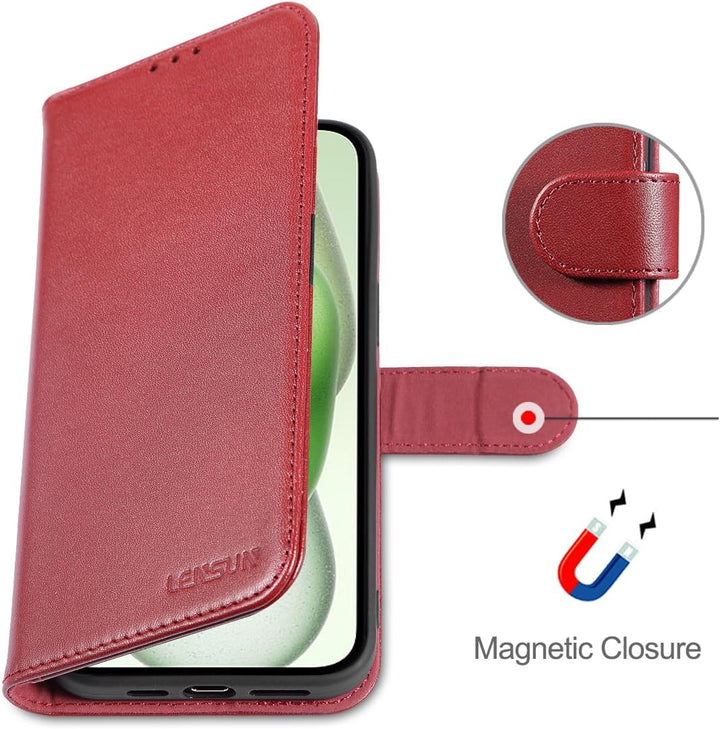 LENSUN Echtleder Hülle für iPhone 15 Plus, Handyhülle [Echtes Leder][Magnetverschluss][Kartenfach] H