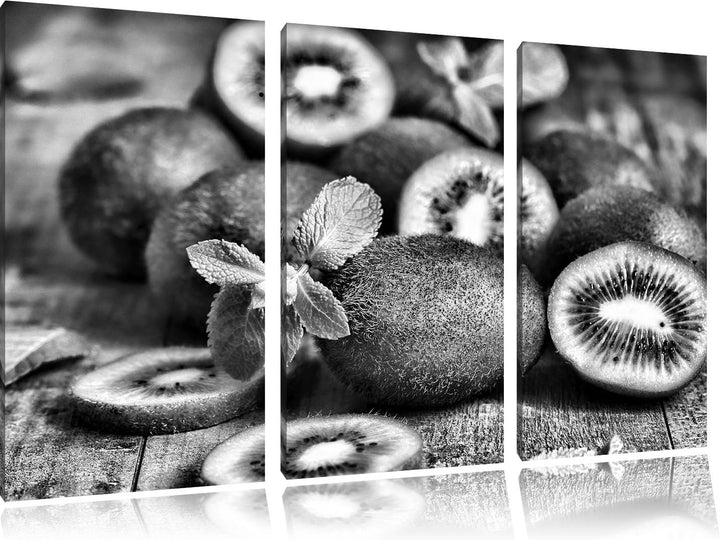 Pixxprint Kiwis auf Holztisch als Leinwandbild/Grösse: 3 Teilig (120x80) cm/Wandbild/Kunstdruck/fert