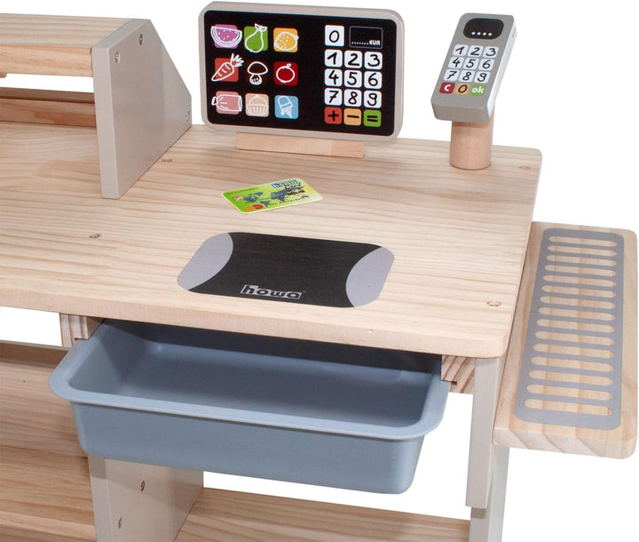 howa Kaufladen - Kaufmannsladen aus Holz, mit Spielkasse und Spielzeugkartenleser, Tafel für Kreide,