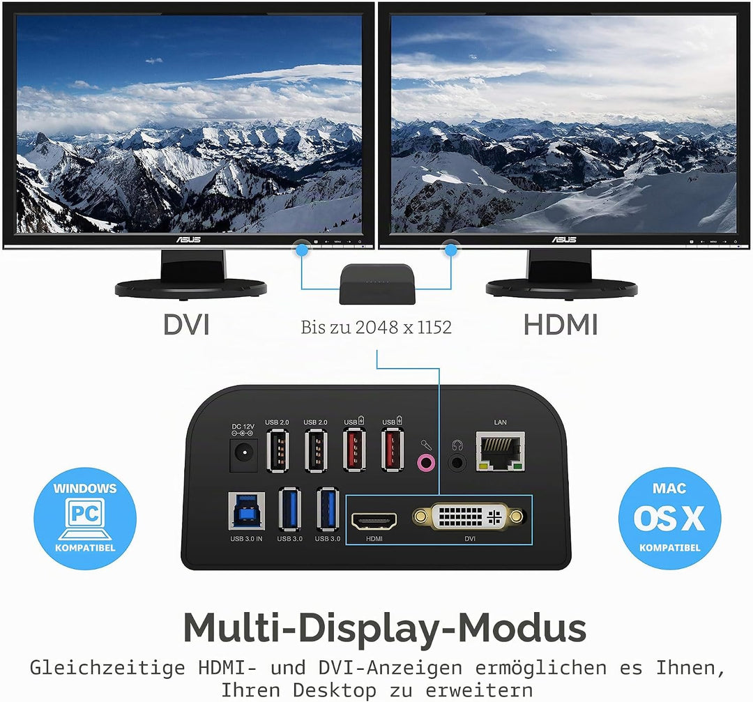 SABRENT USB Docking Station mit Netzteil, 2 Videoausgang (HDMI und DVI), RJ45 Ethernet, Audio, 4 USB