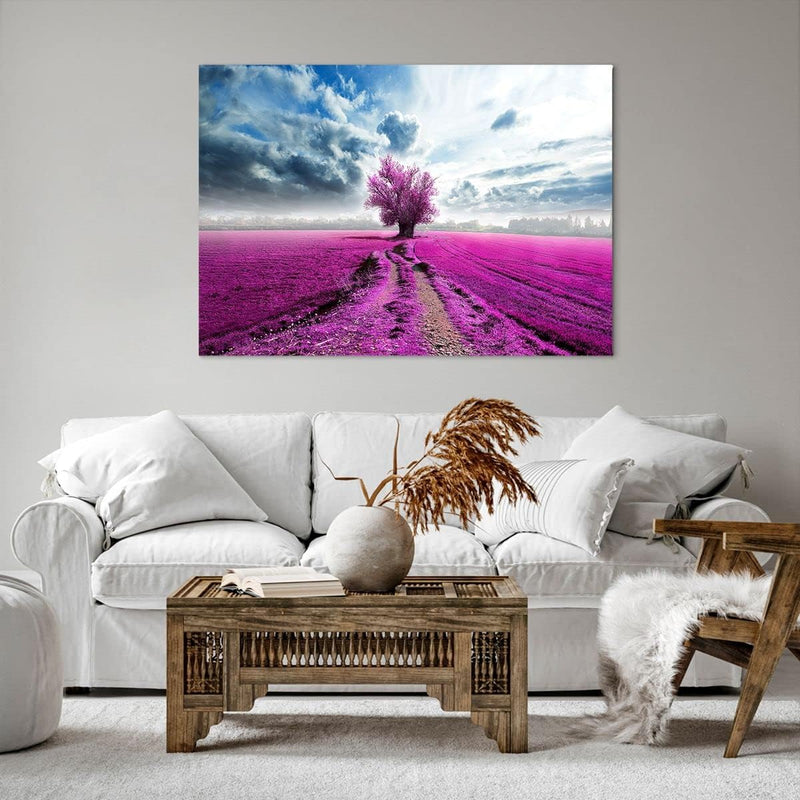 Bilder auf Leinwand 100x70cm Leinwandbild Heidefeld Baum Wolken Landschaft Gross Wanddeko Bild Schla