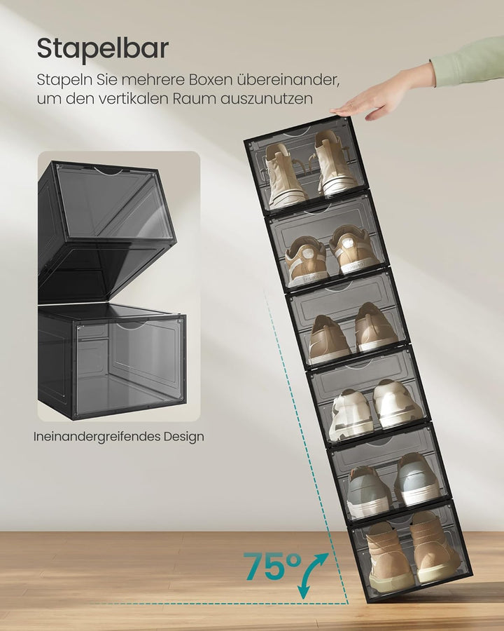 SONGMICS Schuhboxen, Schuh-Organizer aus Kunststoff, mit Tür, durchsichtig, Kunststoffboxen, 12er Se