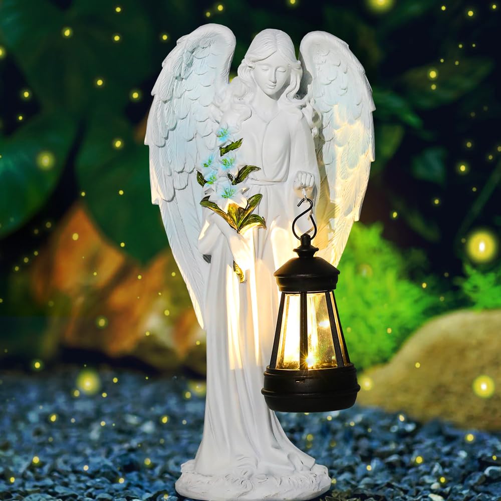 Solar Engel Gartenstatuen, Wetterfest Grabschmuck, LED Fairy Engel Figur, Gartenstatue Geschenke, 31