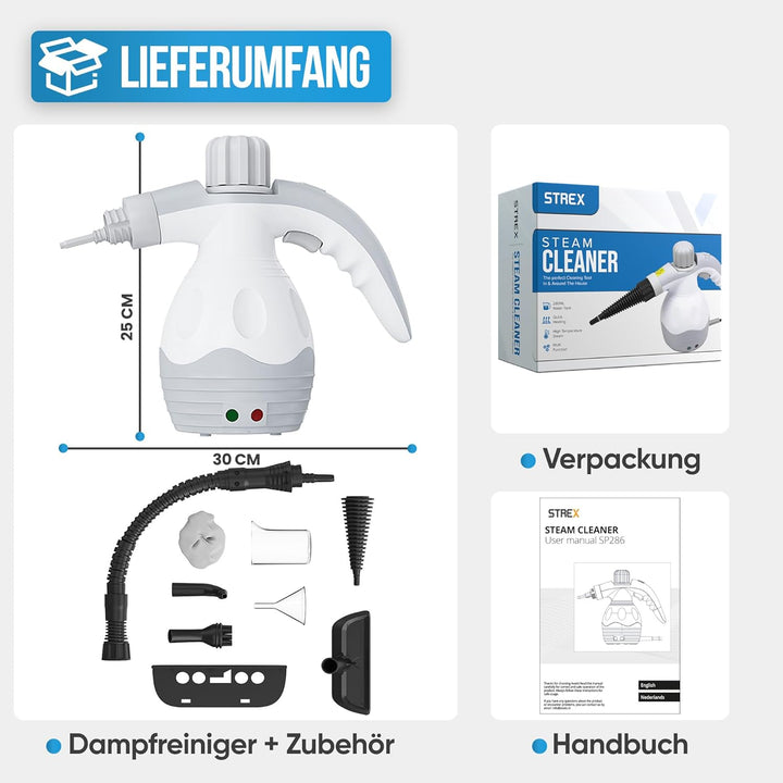 Strex Dampfreiniger Extra Leistungsstark - 1200W 4bar - Tragbar - All-in-One Multifunktions-Handdamp