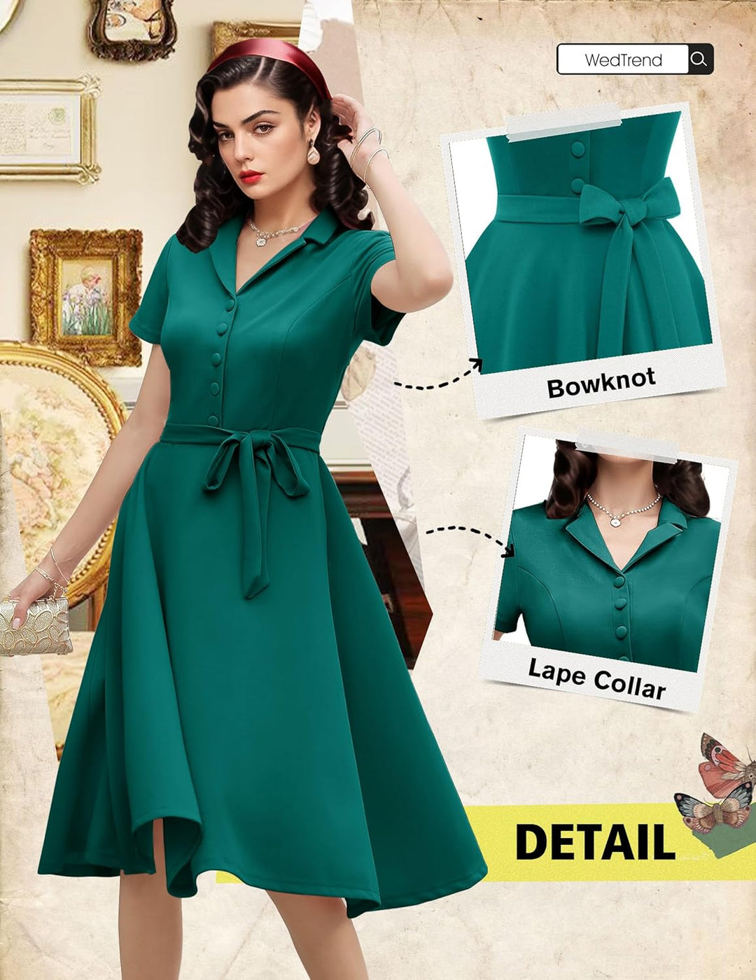 Wedtrend Vintage Cocktailkleid Damen A Linie Midilang V-Ausschnitt Abendkleid Elegant Freizeitkleide