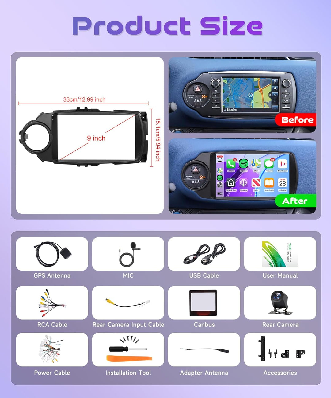 Rimoody 4G+128G Android Autoradio für Toyota Yaris 2012-2017 Wireless Carplay Android Auto Canbus, 9