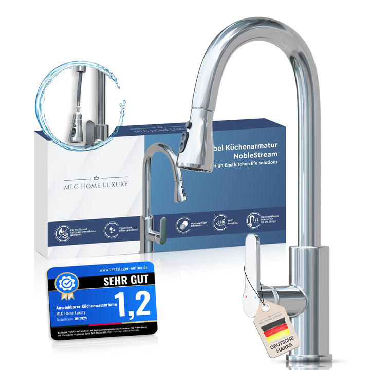 Küchenarmatur – 360° Wasserhahn Küche mit ausziehbarer Brause, Edelstahl Spültischarmatur Hochdruck,