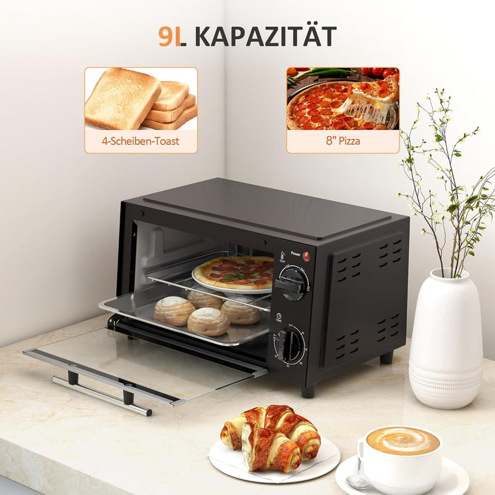 HOMCOM Mini Backofen 9 L 750W 100-230℃ 60 Min. Timer inkl. Backblech, Grillrost, Glas Fenster, Platz