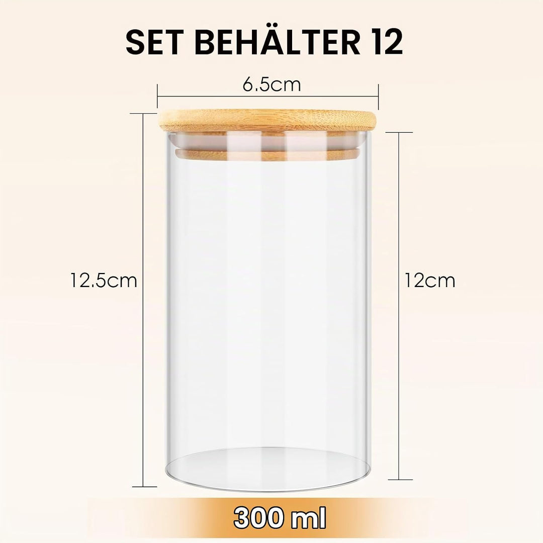 Cinnani 300ml Gewürzgläser Rund Set luftdicht mit Holzdeckel, 12 Stück Gewürzdosen Glas Gewürzbehält