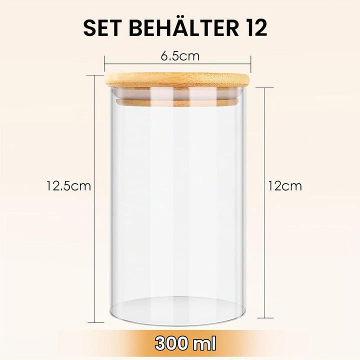 Cinnani 300ml Gewürzgläser Rund Set luftdicht mit Holzdeckel, 12 Stück Gewürzdosen Glas Gewürzbehält