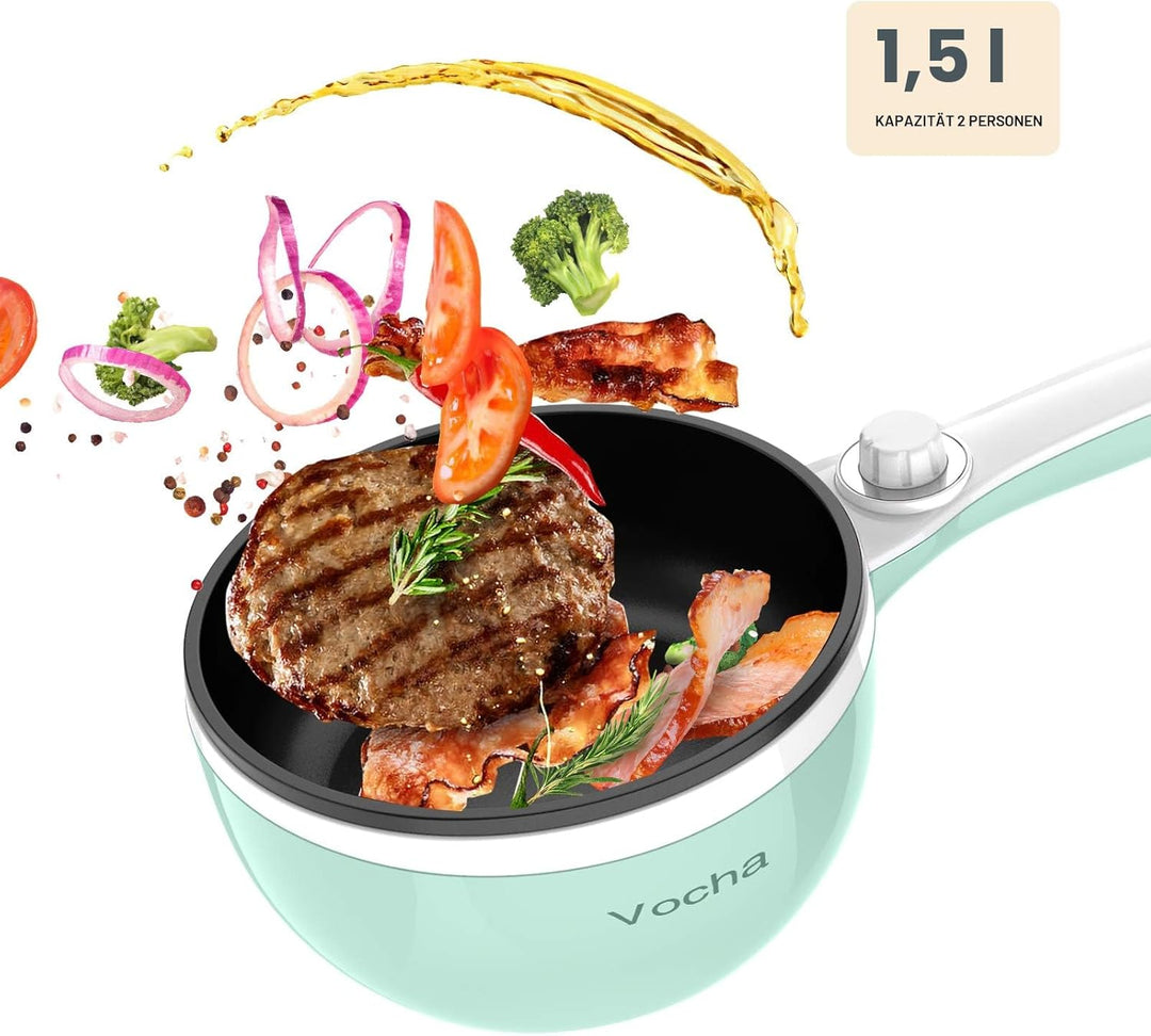 Vocha Elektrische Pfannen, 1,5 L Kleine Hot Pot, Antihaft Elektro Bratpfanne für Reise/Wohnheim, Tra