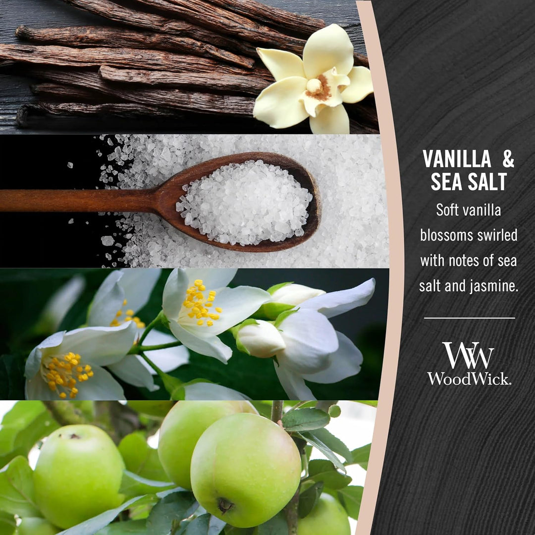Grosse WoodWick Duftkerze im Sanduhrglas mit knisterndem Docht, Vanilla & Sea Salt, bis zu 130 Stund