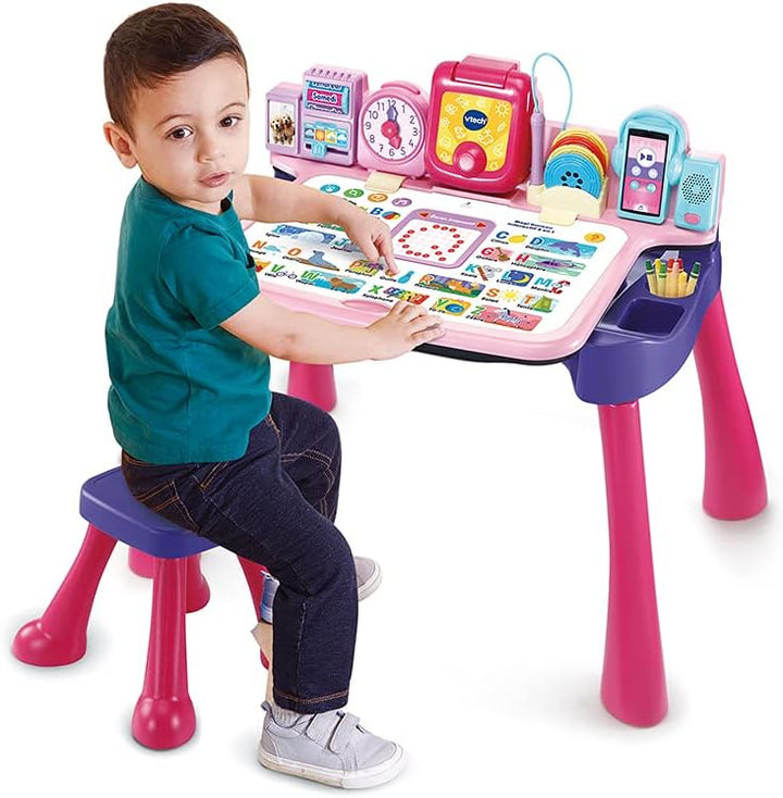 VTech - Magi Interaktiver Schreibtisch 5 in 1, Rosa, Kinderschreibtisch mit Hocker, beleuchtetem Dis