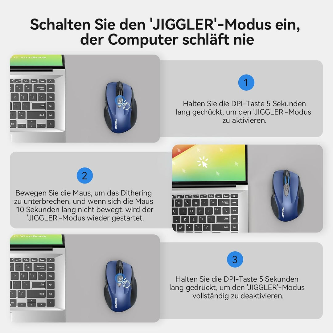 TECKNET Bluetooth Maus mit Jiggler, Wiederaufladbare Maus Kabellos für Laptops(DREI Modi: BT 5.0/3.0