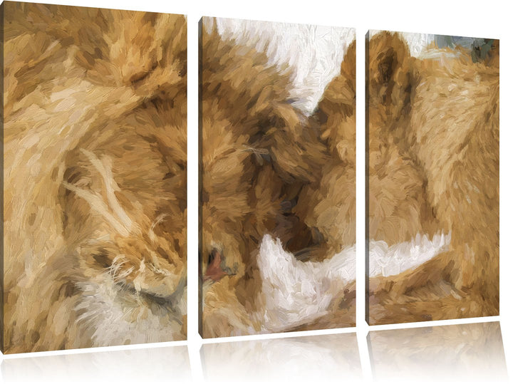 Pixxprint Kuschelnde Löwen Pinsel Effekt 3-Teiler Leinwandbild 120x80 Bild auf Leinwand